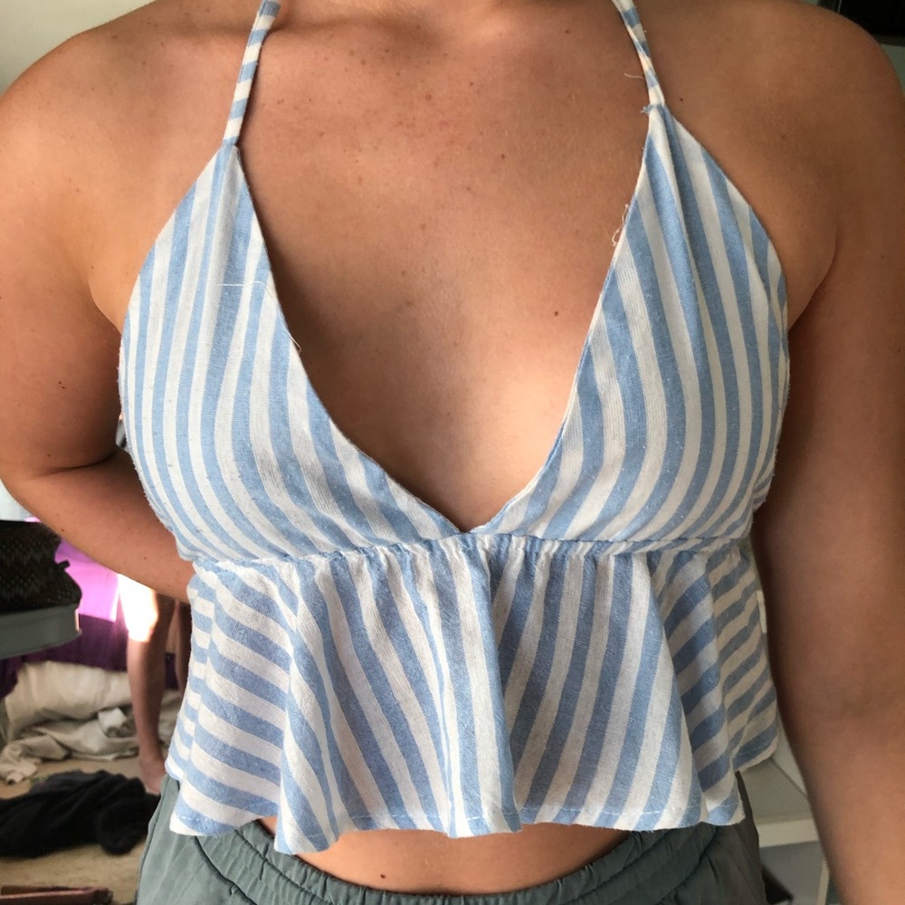Blue & white striped halter with vneck & open back